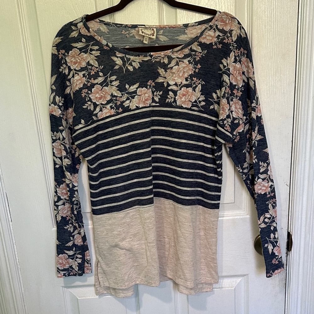 Floral and Striped Long Sleeve Top